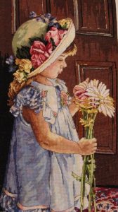 cross stitch my little sunshine with girl in floral bonnet holding flowers at door