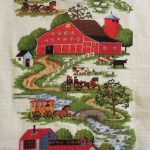 cross stitch peaceful countryside, charles wysoki, scenery, church, barn, country, mill, horse and carriage