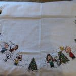 cross stitch christmas peanuts tree skirt, holiday, winter, charlie, lucy, linus, snoopy, snow