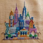 cross stitch pretty little NY, colorful buildings, sky scrapers, statue of liberty, taxi