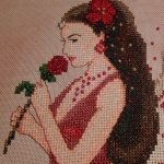 cross stitch rose fairy model stitching with lady, fairy, angel red dress and rose
