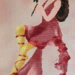 cross stitch rose fairy, lady pink and red dress, red rose