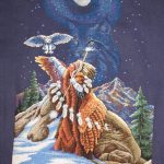 cross stitch sacred connection, native american chief, night with owl, eagle, mountain, snow