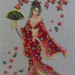 cross stitch sakura blossom, model stitching, asian lady, maiden ,colorful kimono, hand fan, cherry blossoms