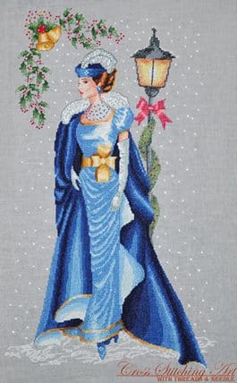 cross stitch scarlett , lady elegant blue dress, lamp post, christmas, garland, winter, model stitching