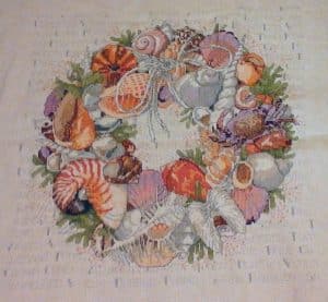 cross stitch seashell wreath, nature