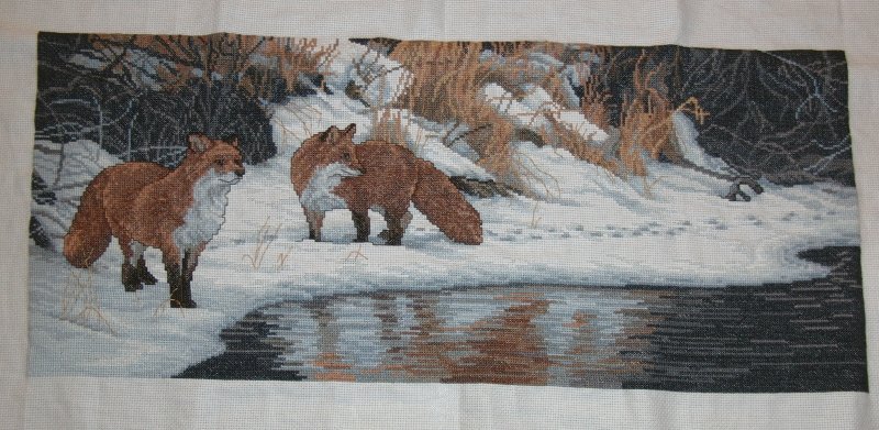 cross stitch shore patrol with fox on snowy river bank