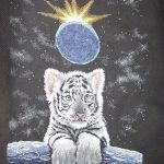 cross stitch silent vigil with white tiger cub, moon, galaxy, night space