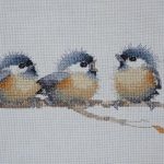 cross stitch sitting pretty with 3 birds on a branch