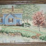 cross stitch spring scene, house, flowering tree, water, path, trees