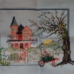 cross stitch spring sunrise, house, tree, gate, seasonal