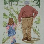 cross stitch strolling with grandpa, girl, walking on path, family