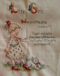 cross stitch sugar and spice, little girl with kitten