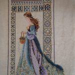cross stitch celtic summer, lady, maiden, long dress, blue, purple, beads, lavender & lace