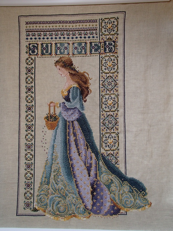 cross stitch celtic summer, lady, maiden, long dress, blue, purple, beads, lavender & lace