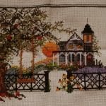 cross stitch summer sunset, house, tree, gate, swing