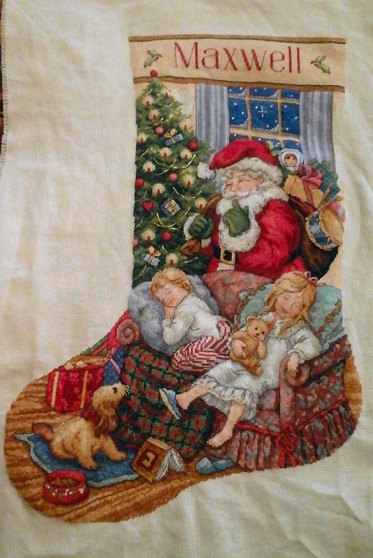 cross stitch sweet dreams stocking, christmas, santa, children, tree