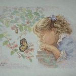 cross stitch tender gaze with little girl looking at butterfly,