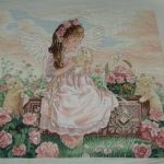 cross stitch tender loving care. Angel girl in pink with pink flowers and kittens