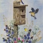 cross stitch the bluebird trail, floral, flowers, birdhouse, birds, nature