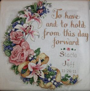 cross stitch to have and to hold wedding, from this day forward, floral, ribbon