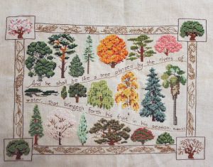 cross stitch tree sampler, Psalm, religious