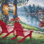 cross stitch twilights calm, peaceful outdoor scene, riverfront, chairs, boat, dock house, night