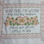 cross stitch united in love wedding, pink flowers, wedding rings