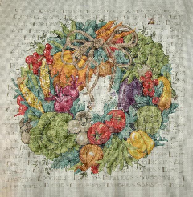 vegetable wreath -janlynn cross stitch vegetable wreath, food, kitchen