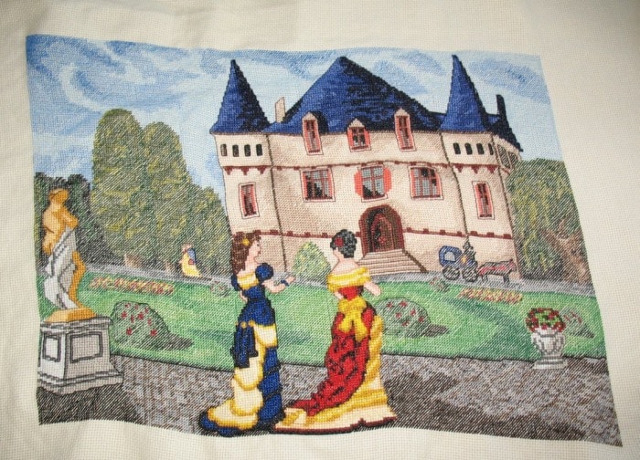 cross stitch victorian stroll completed, model stitching, victorian ladies, house, statue