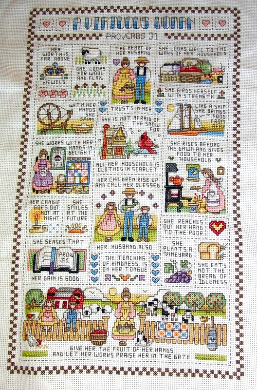 cross stitch a virtuous woman, primitive, proverbs cooking, sewing, biblical