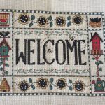 cross stitch primitive welcome, nature, birdhouse, beehive, flowers