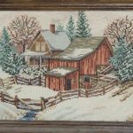 cross stitch winter scene, barn, snow, house, fence, creek, trees, seasonal