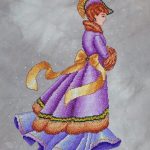 cross stitch winter elegance, lady purple dress, long coat, victorian, winter, model stitching