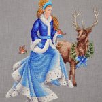 cross stitch winter fairy tale model stitching, elegant lady, blue dress, deer with wreath, winter
