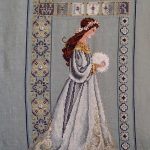 cross stitch celtic winter, elegant lady, long dress, whites, beads, lavender & lace