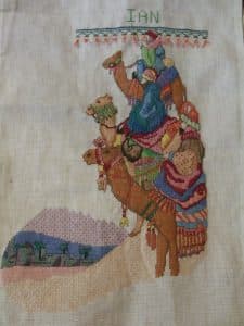 cross stitch wisemen christmas stocking, holiday, camels