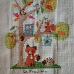 cross stitch woodland baby birth announcement, fox, owl, tree