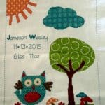 cross stitch woodland baby birth announcement, owl, mushroom and tree