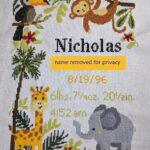 cross stitch animal baby birth announcement, moneky, toucan, giraffe, elephant