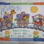 cross stitch baby express birth announcement record, train, animals, colorful