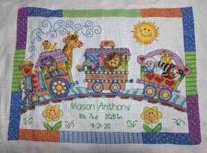 cross stitch baby express birth announcement record, train, animals, colorful