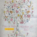cross stitch baby girl tree birth announcement record, pink, flowers, bottle, birds, bears