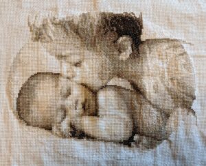 cross stitch brotherly love, sepia, boy, baby