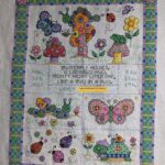 cross stitch bug in a rug birth announcement record, mushrooms, butterfly, flowers, animals