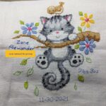 cross stitch cat hanging birth record, kitten, bird, branch, flowers, birth announcement
