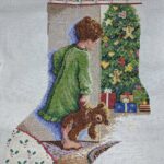 cross stitch christmas morning stocking, girl peeking, tree, gifts