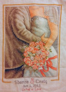 cross stitch embrace wedding, bride & groom, bouquet, united in love