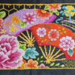 cross stitch eastern promise, black fabric, colorful fans, oriental, flowers