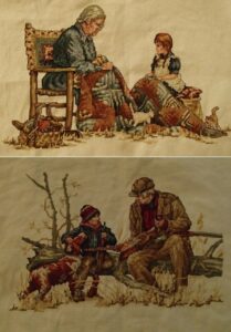 cross stitch grandmas quilt with little girl, Grandpa and boy with dog